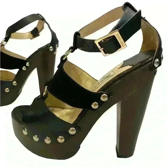 Jimmy Choo Ursula Wood leather suede platform sandal heels studded details - Picture 4 of 13